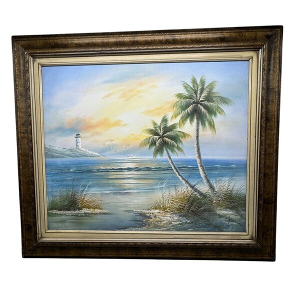 Framed Coastal ocean Landscape Painting With Lighthouse Palm Trees 31x27" READ - Picture 1 of 14